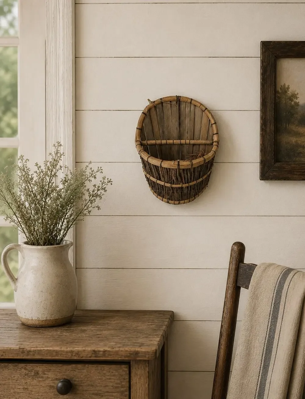 Handmade Primitive Style Wood Bamboo Twig Basket